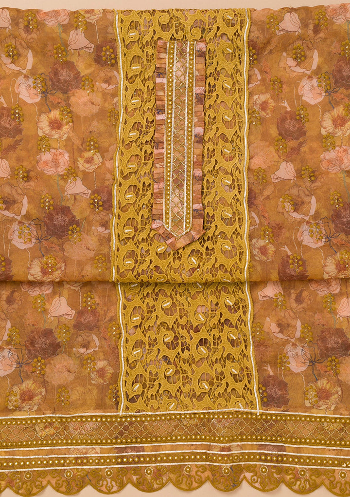 Mehendi Printed Organza Unstitched Salwar Kameez-Koskii