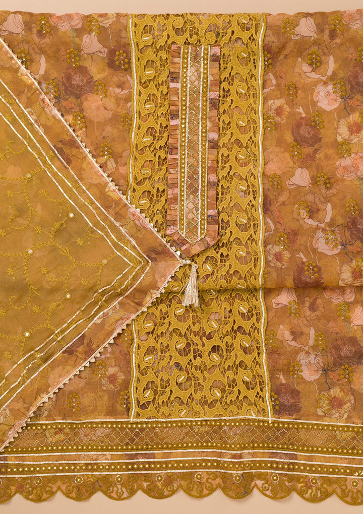 Mehendi Printed Organza Unstitched Salwar Kameez-Koskii