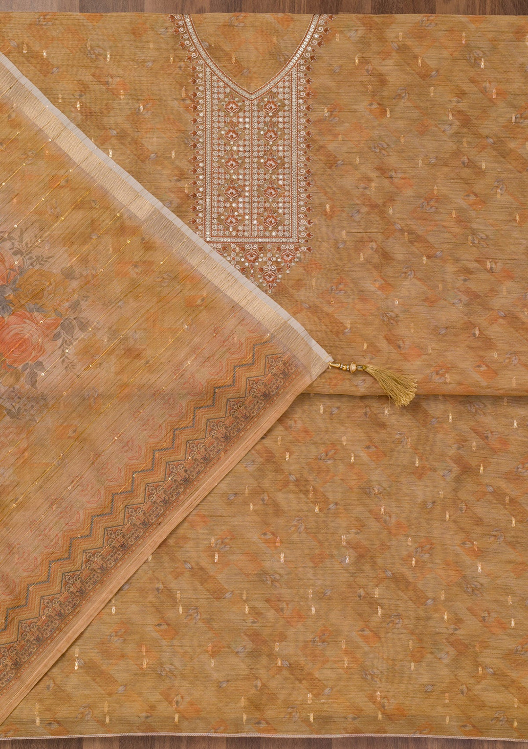 Mehendi Printed Raw Silk Unstitched Salwar Suit-Koskii