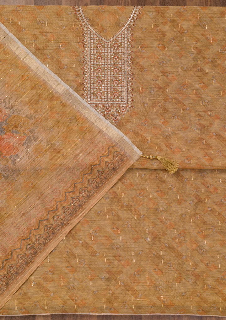 Mehendi Printed Raw Silk Unstitched Salwar Suit-Koskii