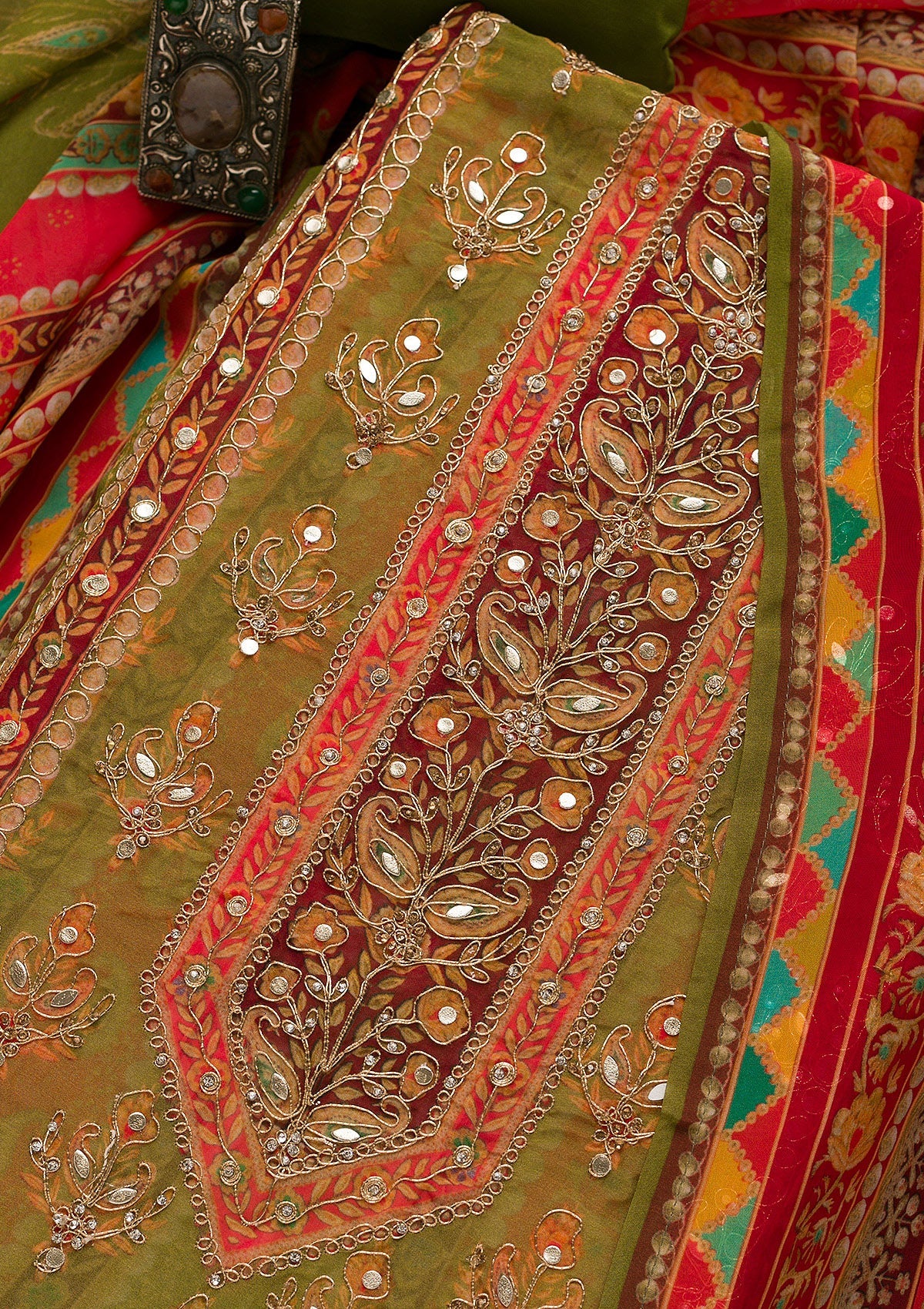Mehendi Printed Semi Crepe Unstitched Salwar Suit-Koskii