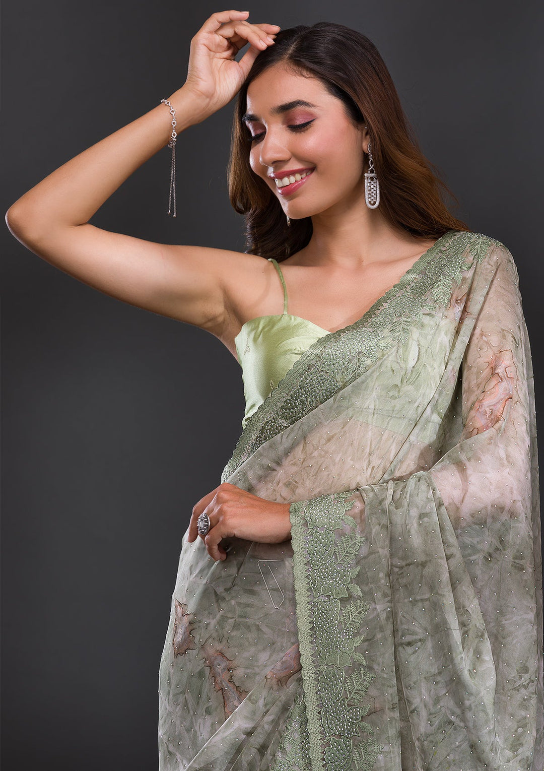Mehendi Printed Semi Crepe Saree-Koskii