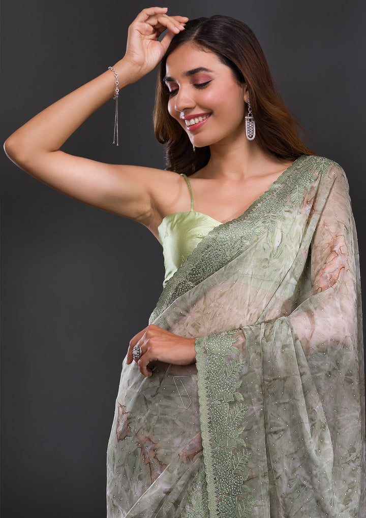 Mehendi Printed Semi Crepe Saree-Koskii