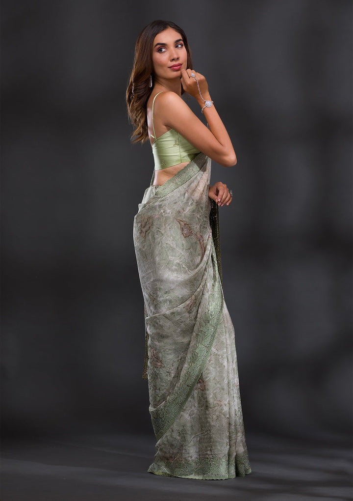 Mehendi Printed Semi Crepe Saree-Koskii