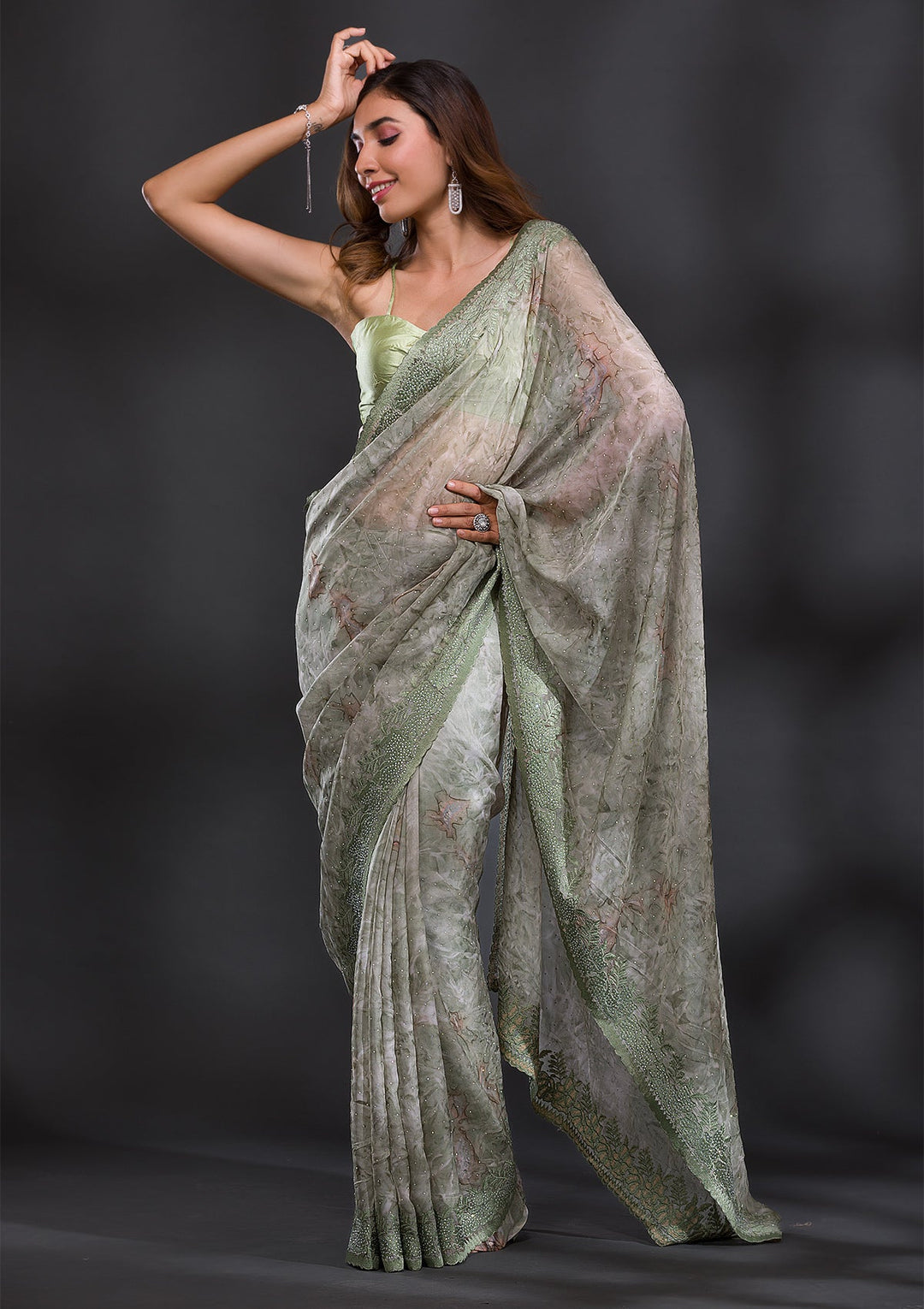 Mehendi Printed Semi Crepe Saree-Koskii