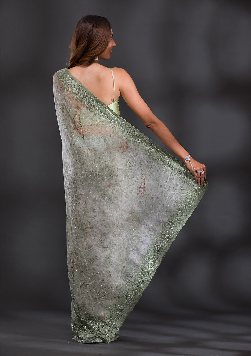 Mehendi Printed Semi Crepe Saree-Koskii