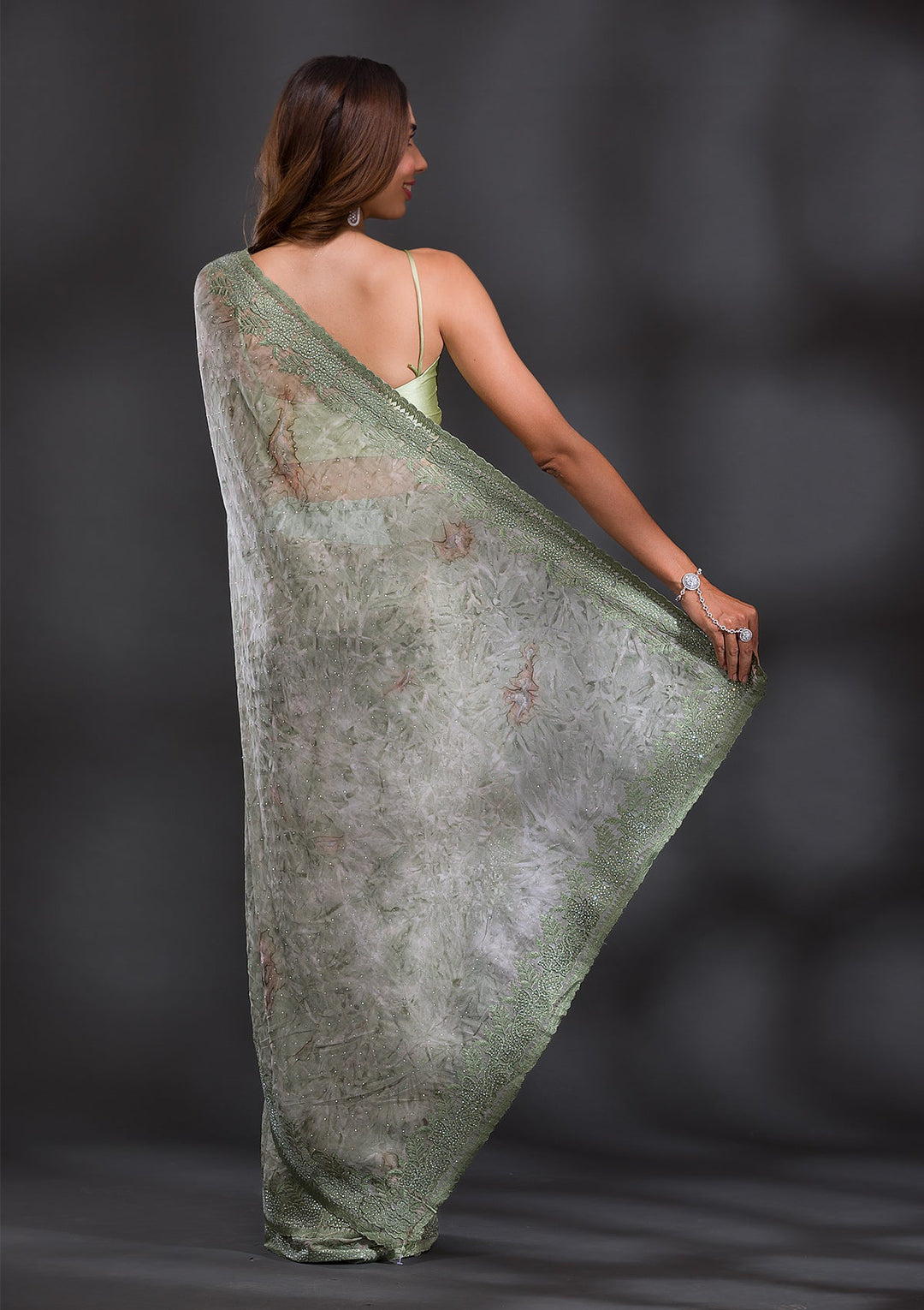 Mehendi Printed Semi Crepe Saree-Koskii