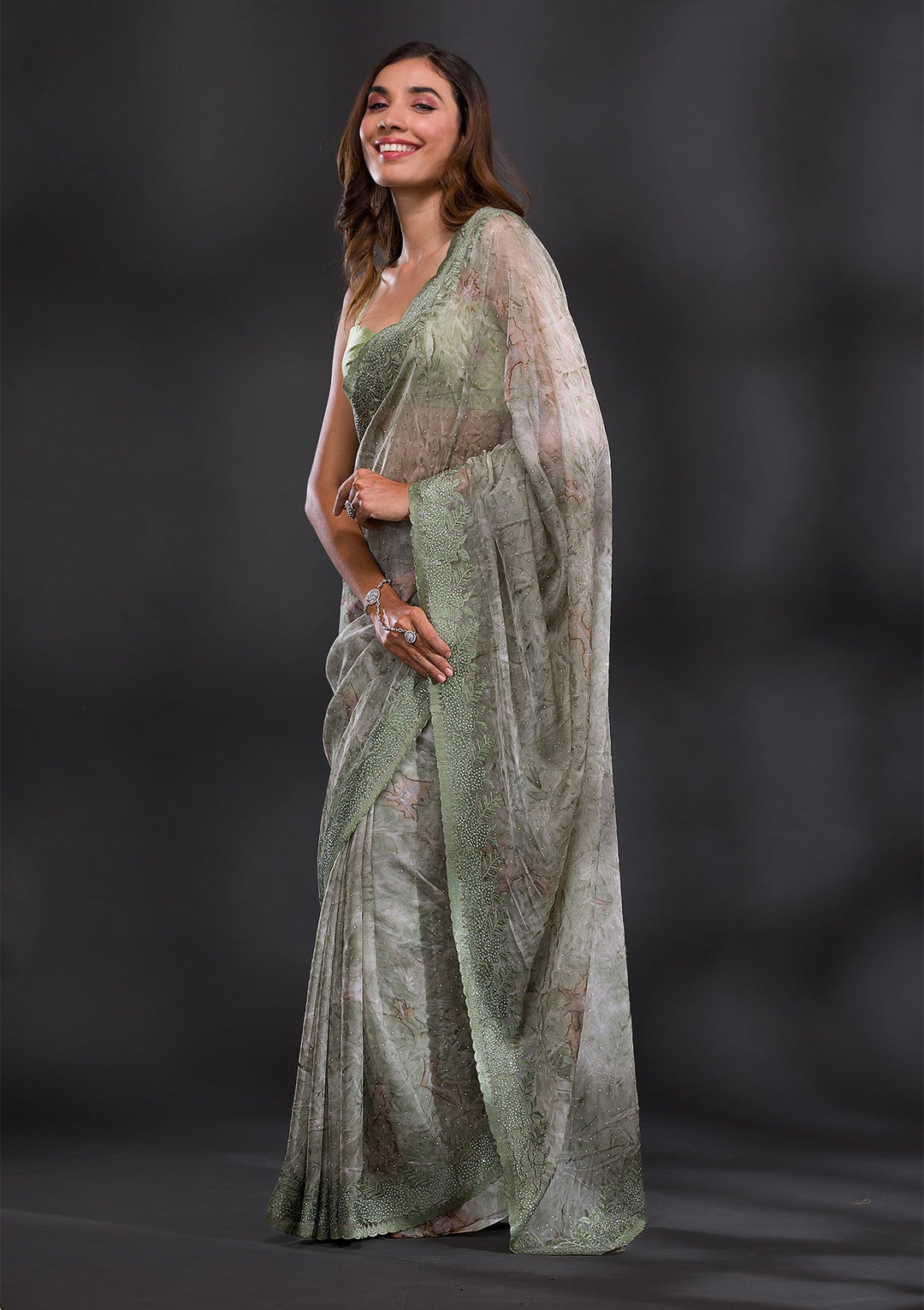 Mehendi Printed Semi Crepe Saree-Koskii