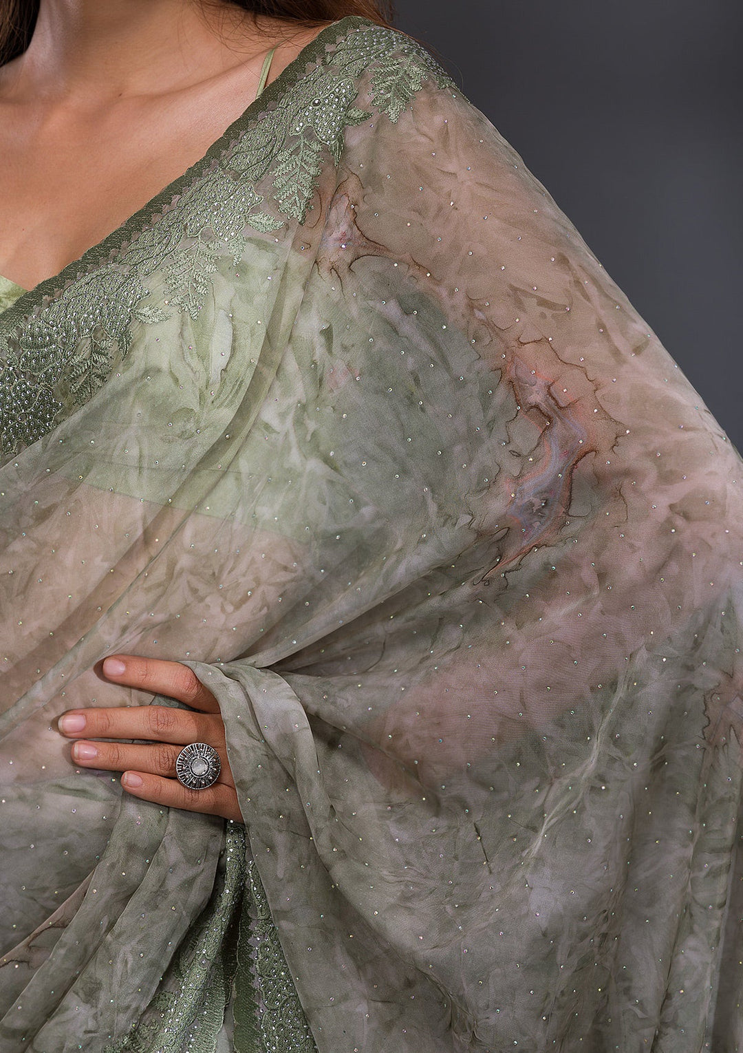 Mehendi Printed Semi Crepe Saree-Koskii