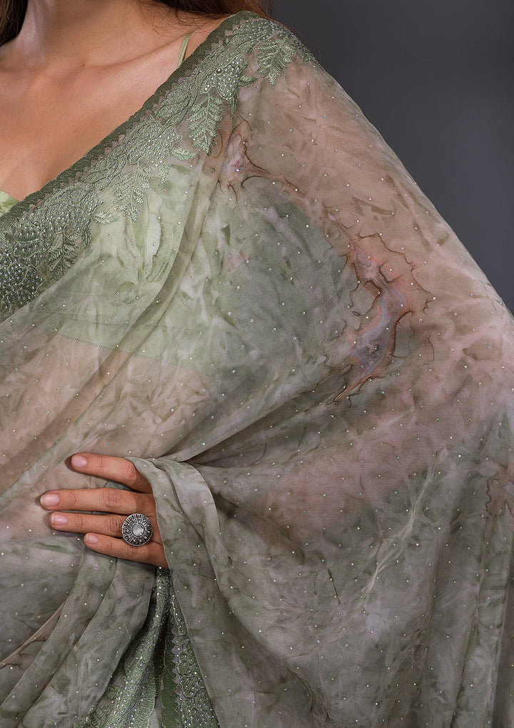 Mehendi Printed Semi Crepe Saree-Koskii