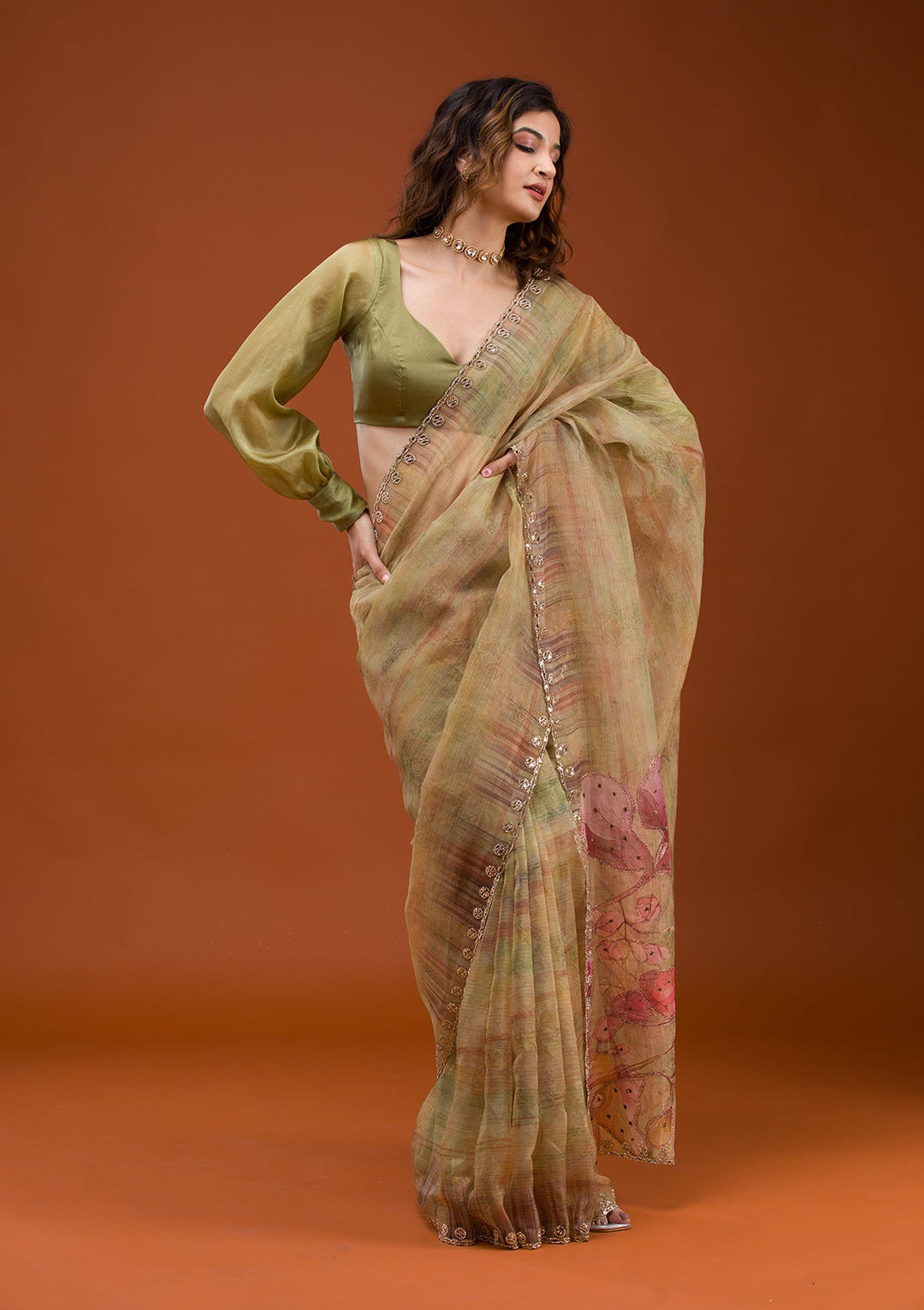 Mehendi Printed Tissue Saree-Koskii