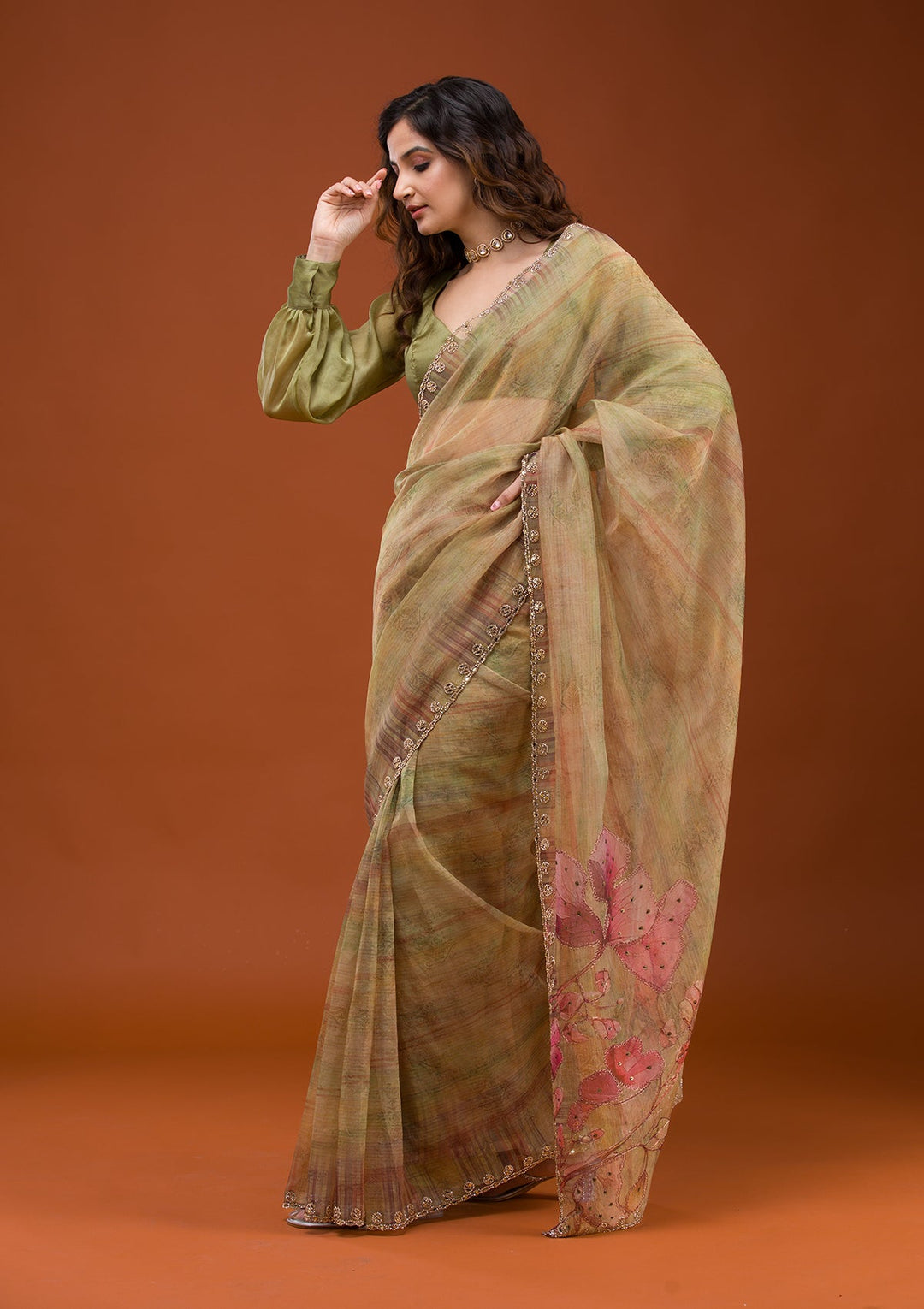 Mehendi Printed Tissue Saree-Koskii