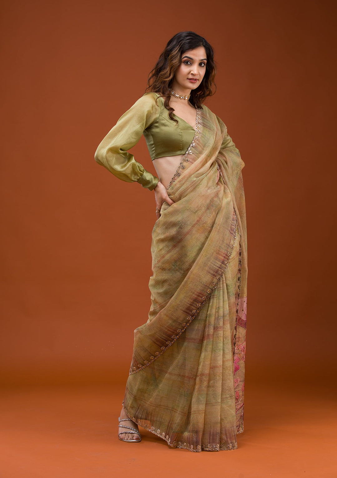 Mehendi Printed Tissue Saree-Koskii