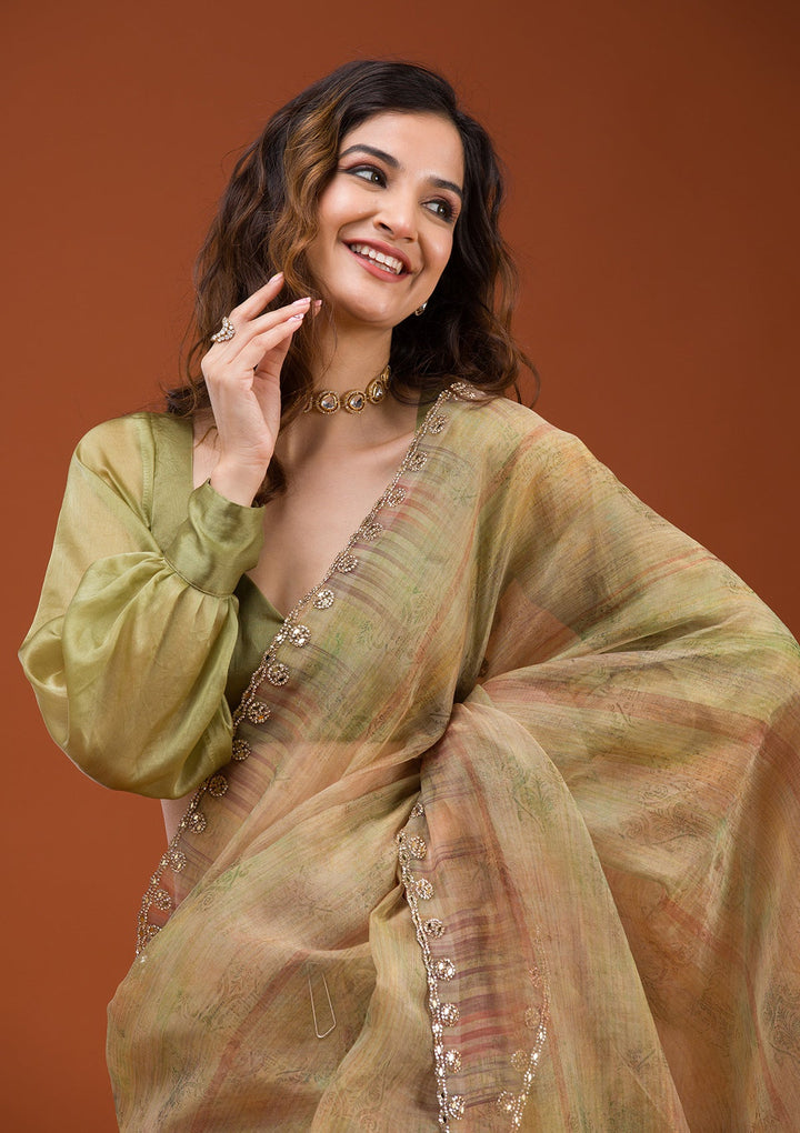 Mehendi Printed Tissue Saree-Koskii