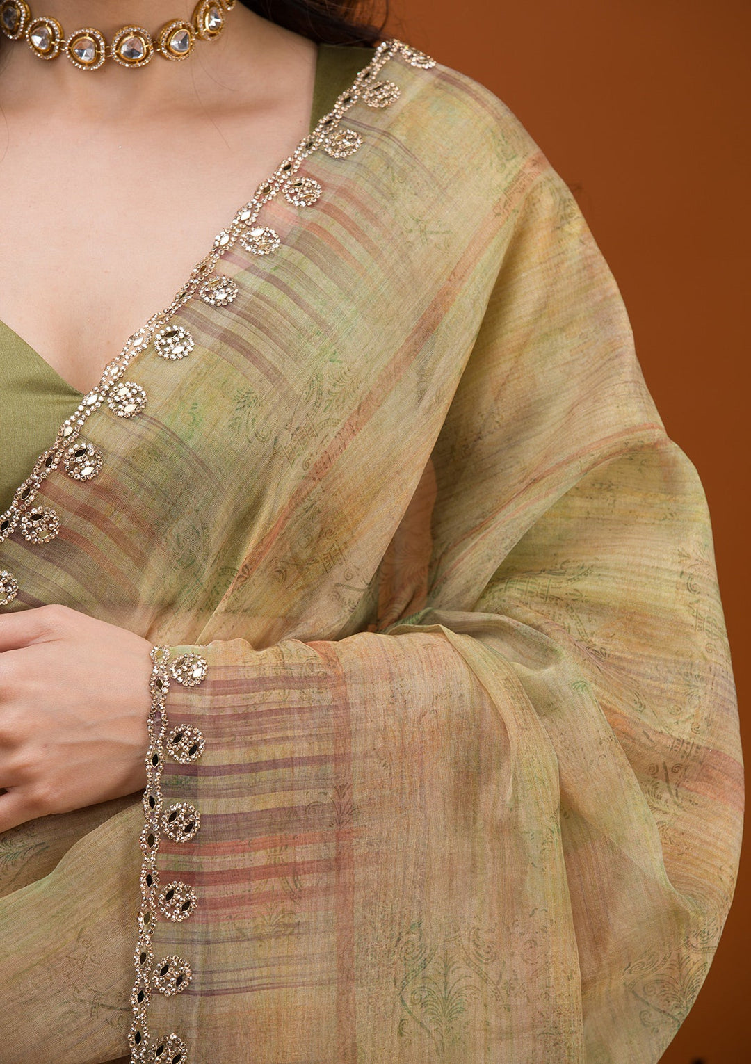 Mehendi Printed Tissue Saree-Koskii