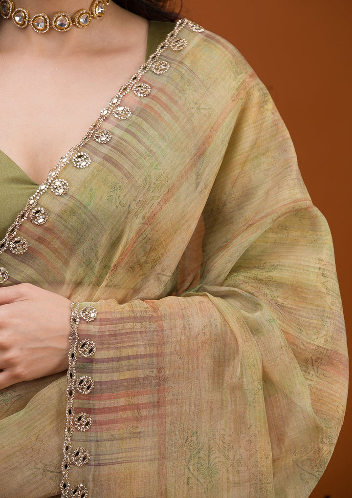 Mehendi Printed Tissue Saree-Koskii