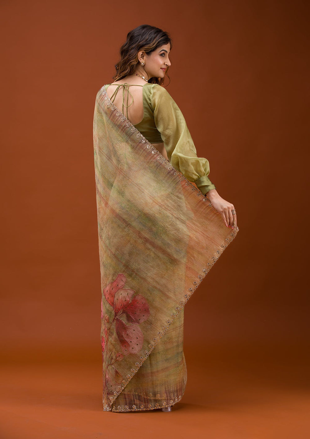 Mehendi Printed Tissue Saree-Koskii
