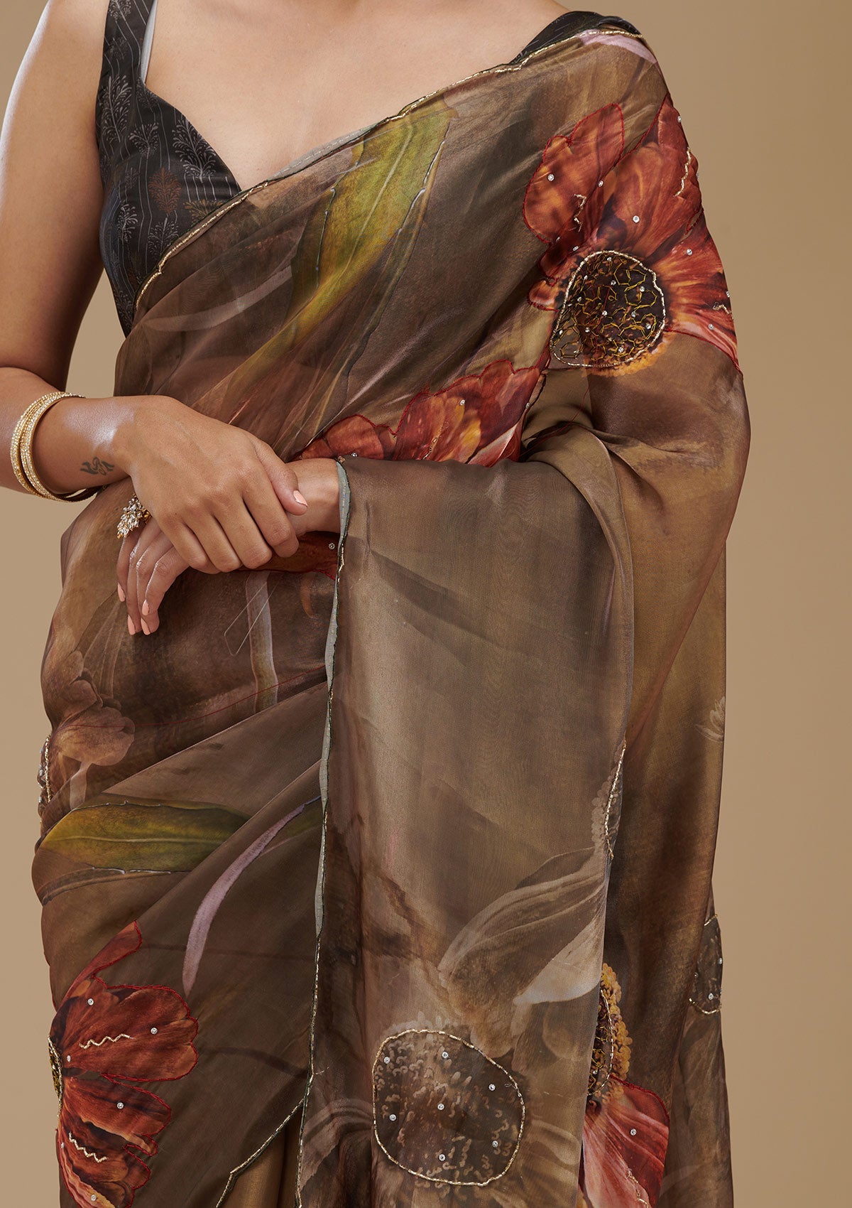 Mehendi Printed Tissue Saree-Koskii