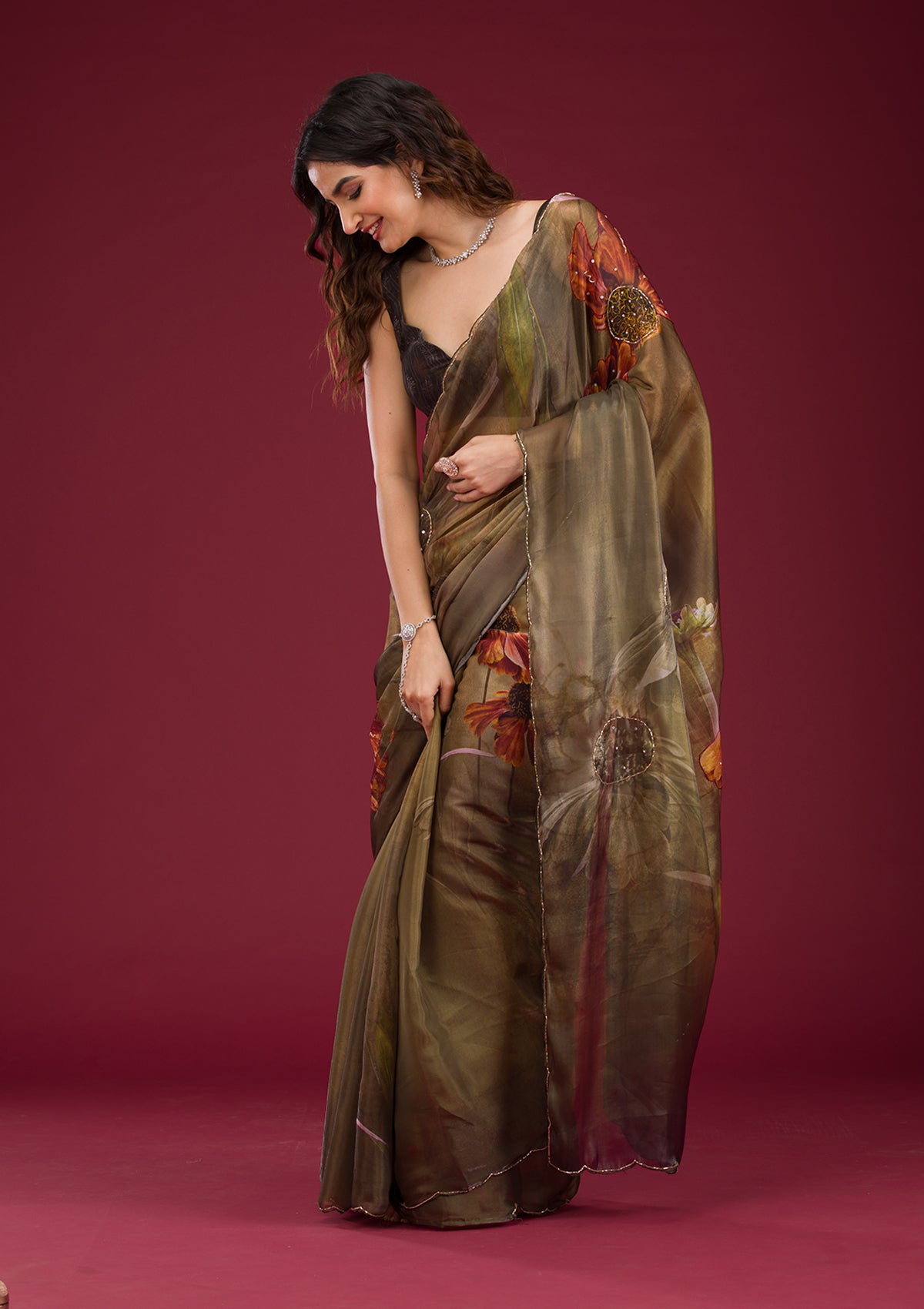 Mehendi Printed Tissue Saree