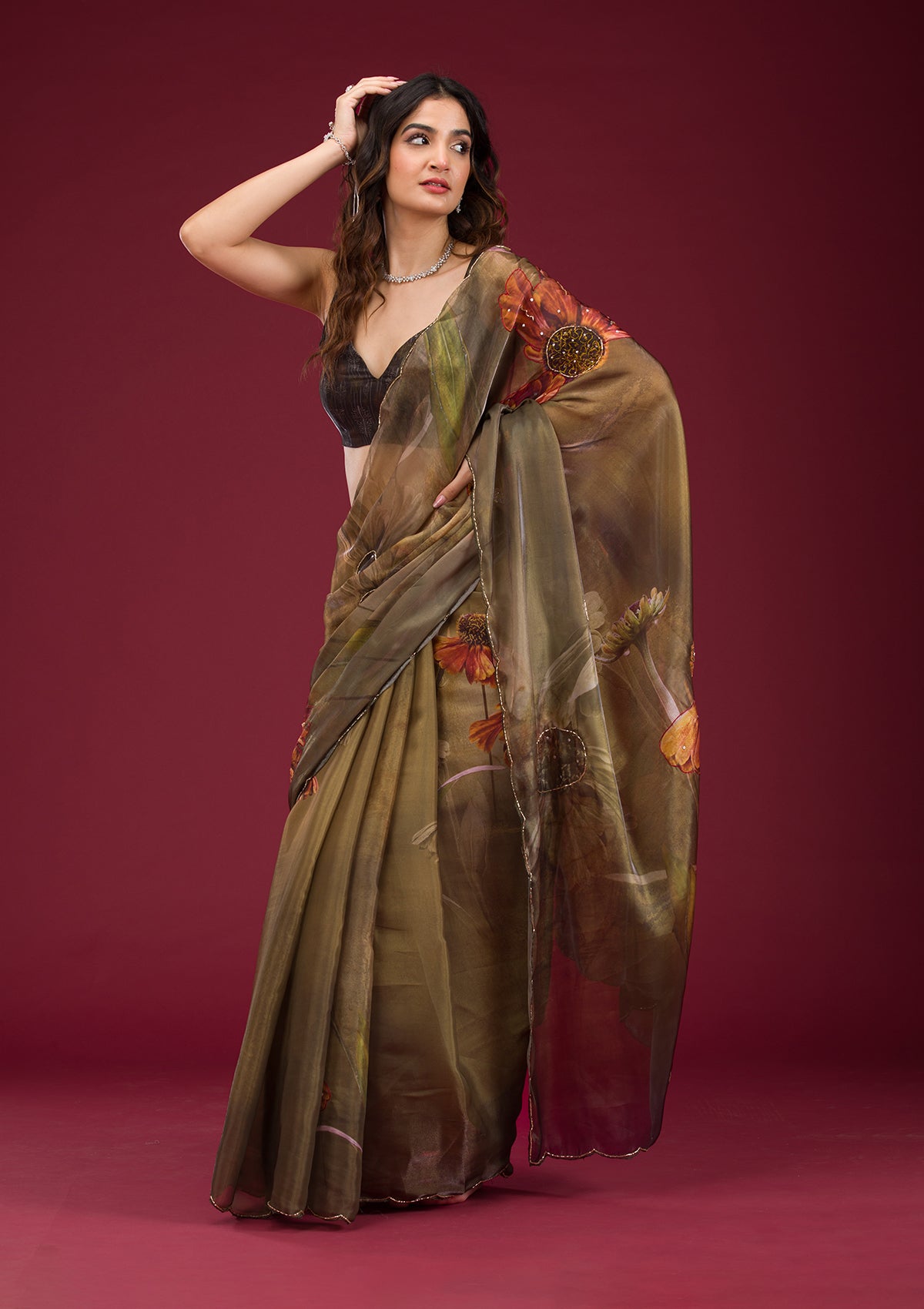 Mehendi Printed Tissue Saree