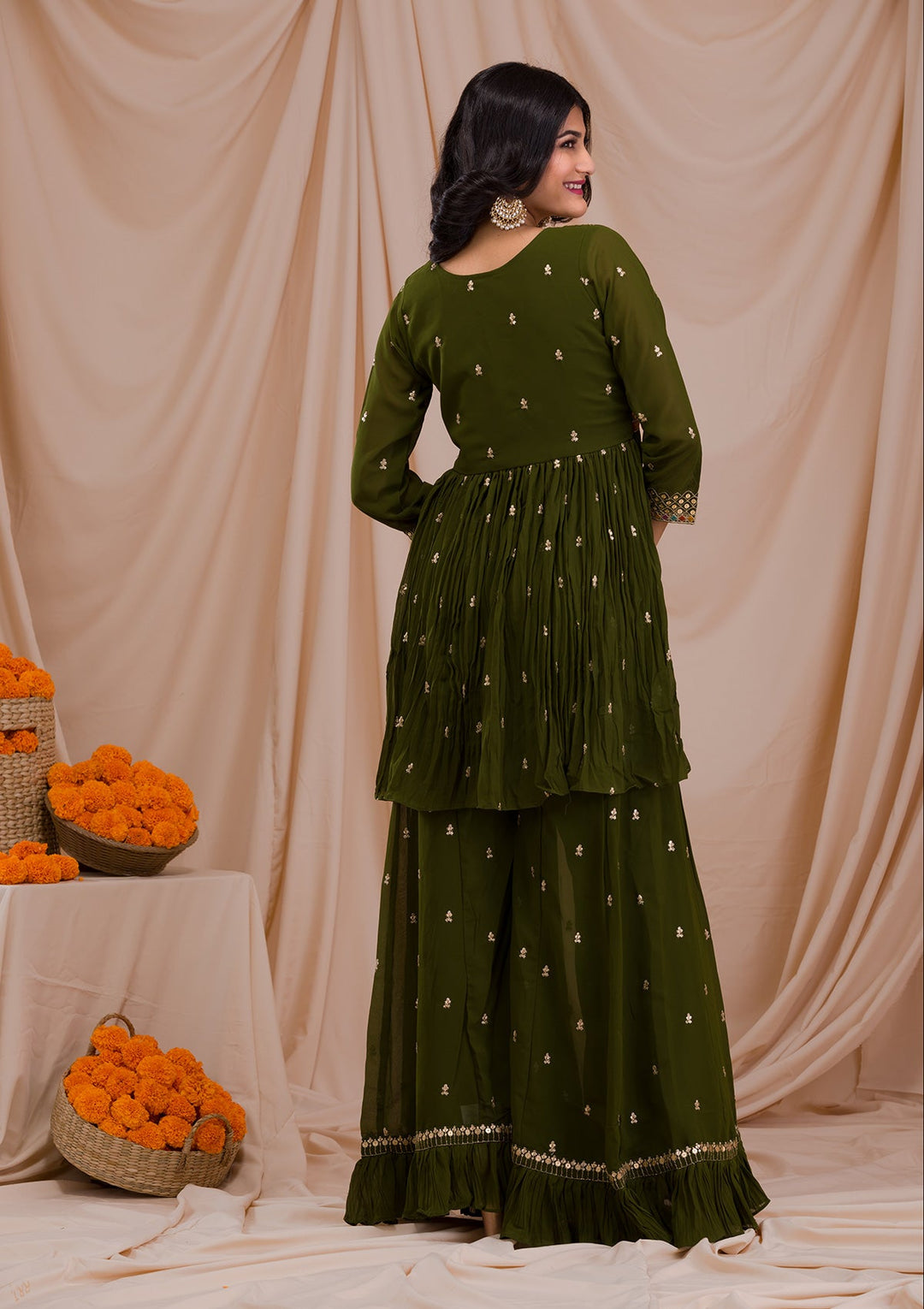 Mehendi Sequins Georgette Readymade Salwar Suit-Koskii
