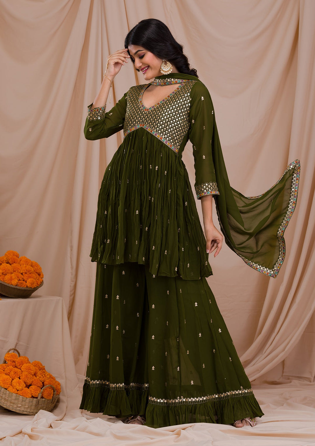 Mehendi Sequins Georgette Readymade Salwar Suit-Koskii