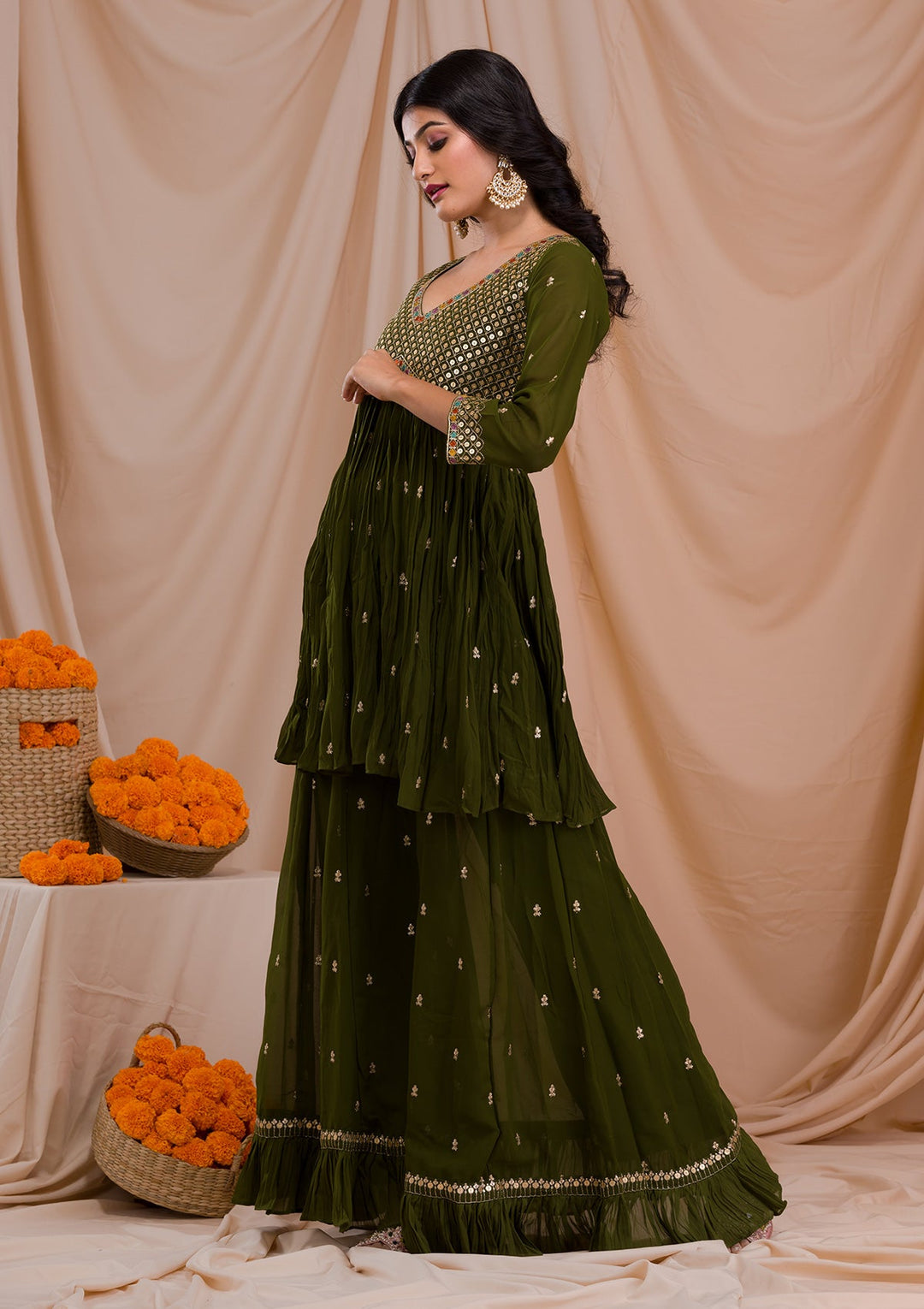 Mehendi Sequins Georgette Readymade Salwar Suit-Koskii