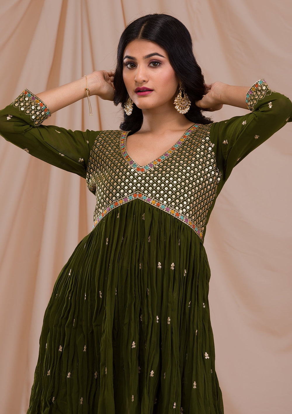 Mehendi Sequins Georgette Readymade Salwar Suit-Koskii