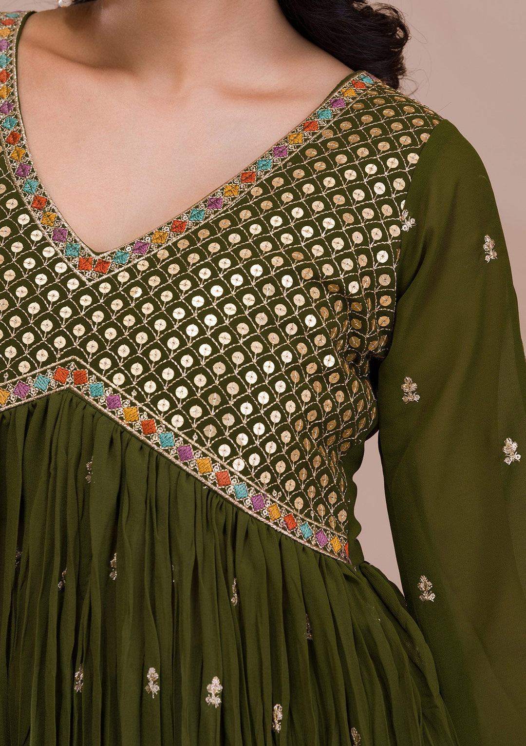 Mehendi Sequins Georgette Readymade Salwar Suit-Koskii