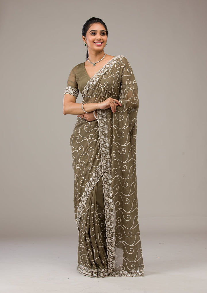 Mehendi Sequins Georgette Saree-Koskii