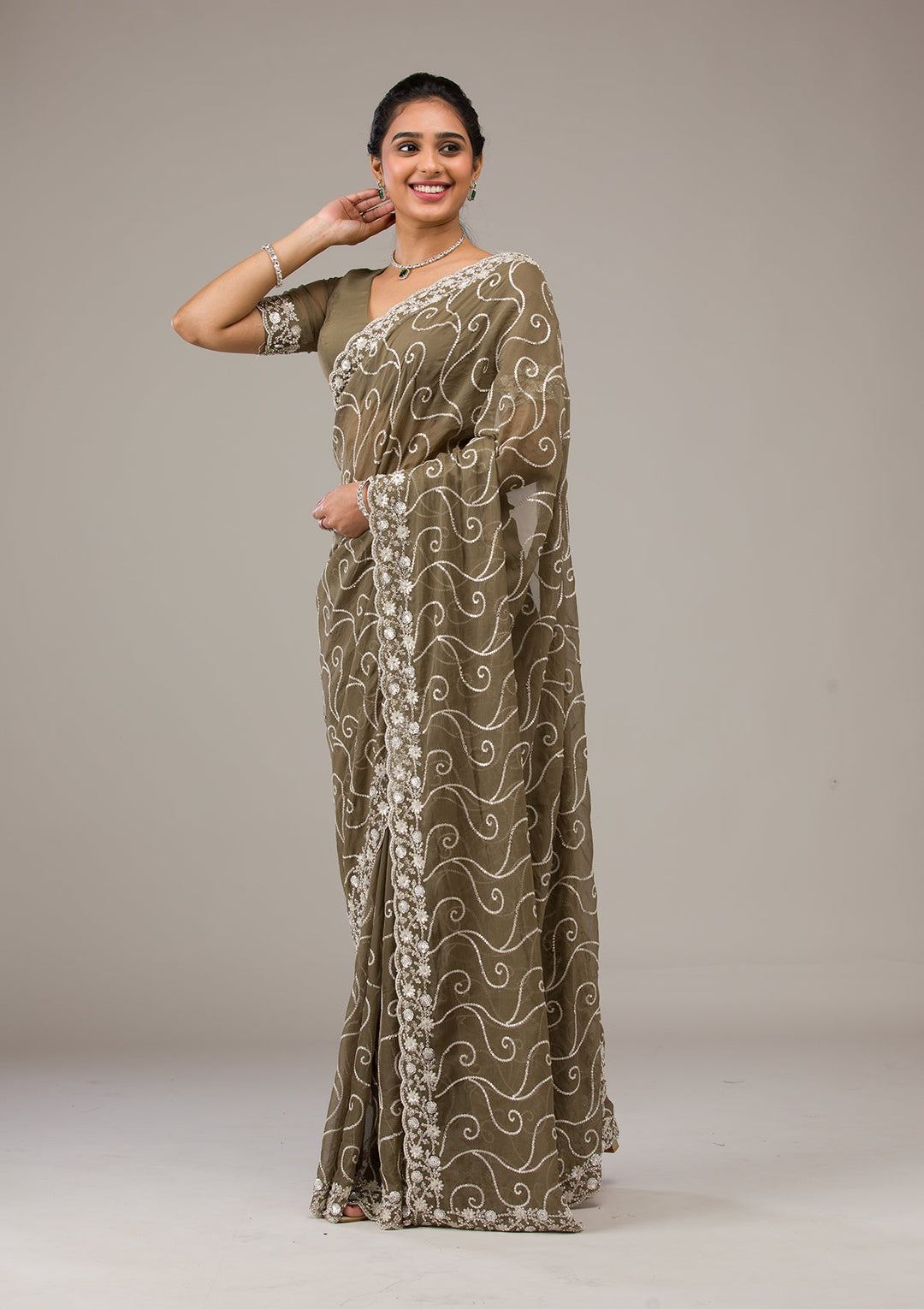 Mehendi Sequins Georgette Saree-Koskii