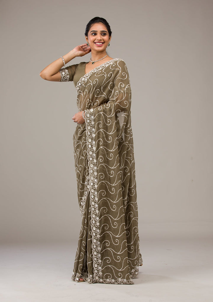 Mehendi Sequins Georgette Saree-Koskii