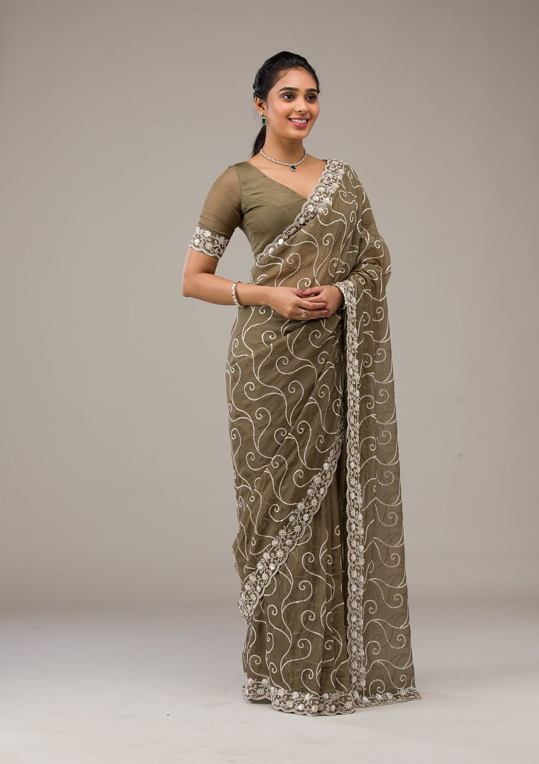 Mehendi Sequins Georgette Saree-Koskii