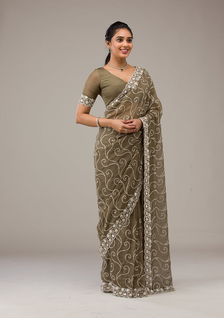 Mehendi Sequins Georgette Saree-Koskii