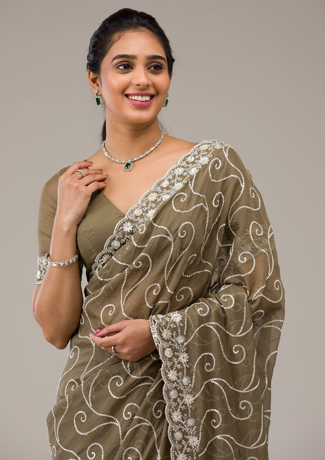 Mehendi Sequins Georgette Saree-Koskii