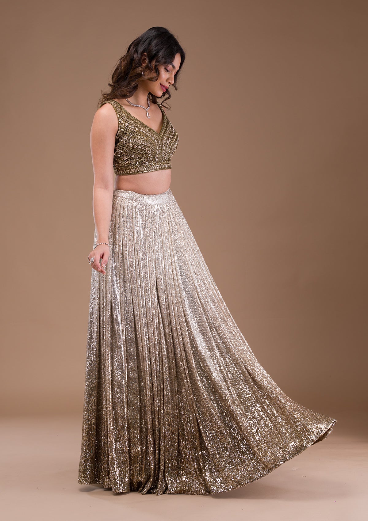 Mehendi Sequins Lycra Readymade Lehenga-Koskii