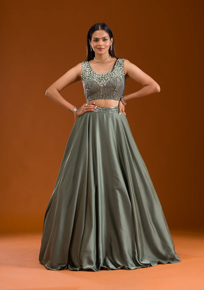 Mehendi Sequins Satin Readymade Lehenga-Koskii