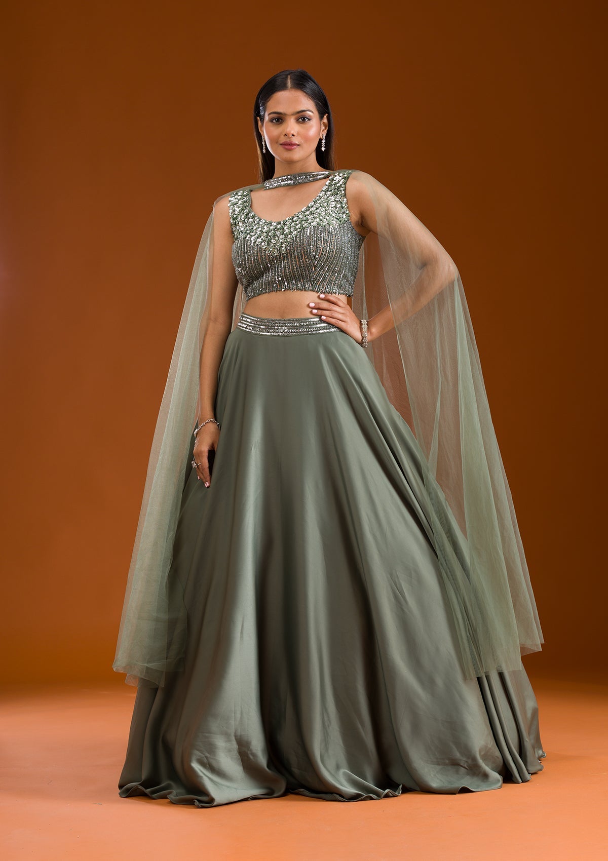 Mehendi Sequins Satin Readymade Lehenga-Koskii