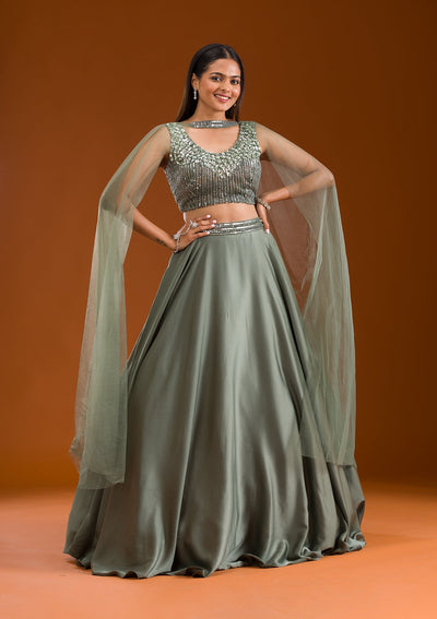 Mehendi Sequins Satin Readymade Lehenga-Koskii