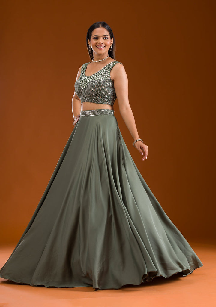 Mehendi Sequins Satin Readymade Lehenga-Koskii