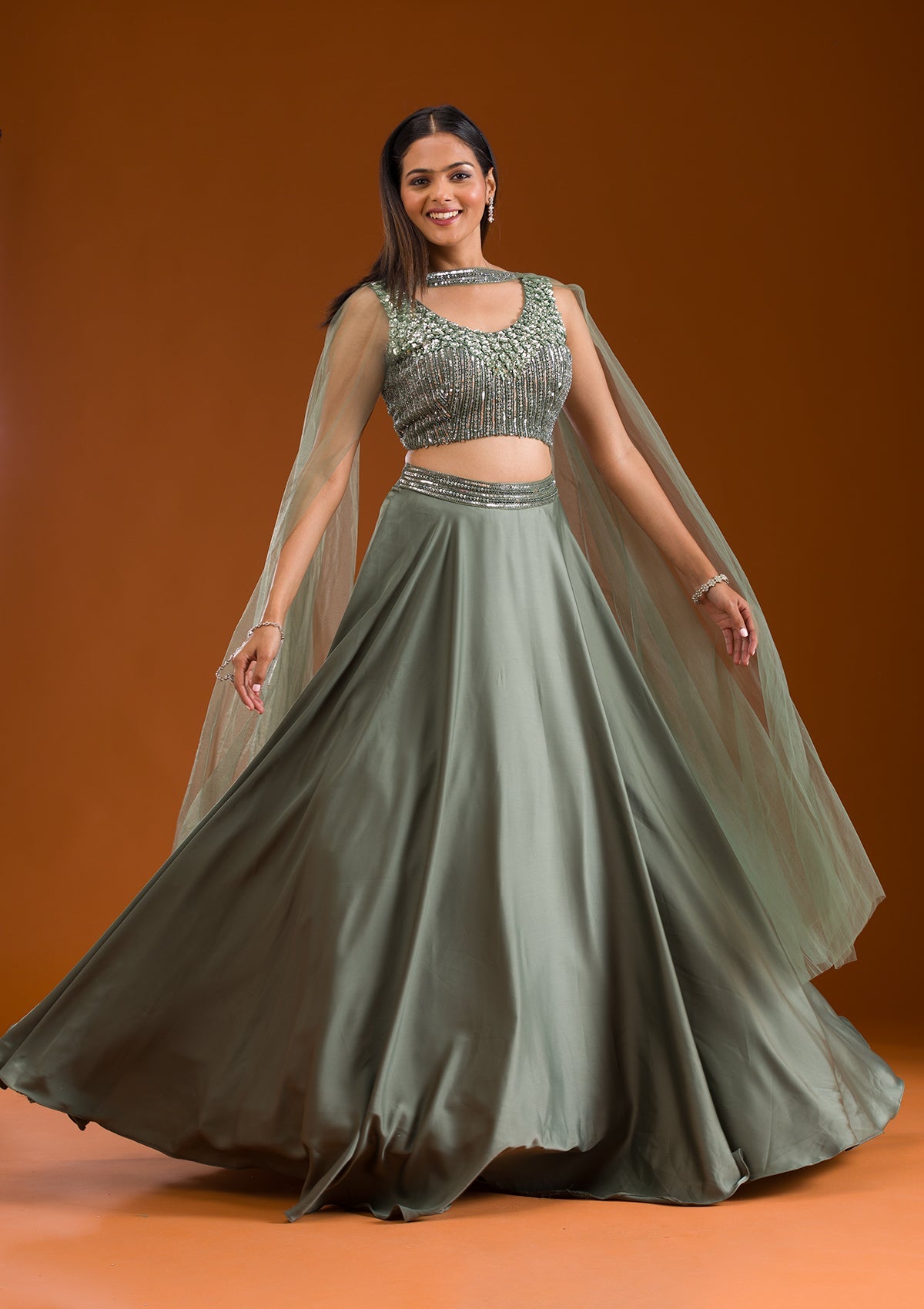 Mehendi Sequins Satin Readymade Lehenga-Koskii