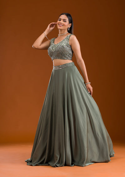 Mehendi Sequins Satin Readymade Lehenga-Koskii