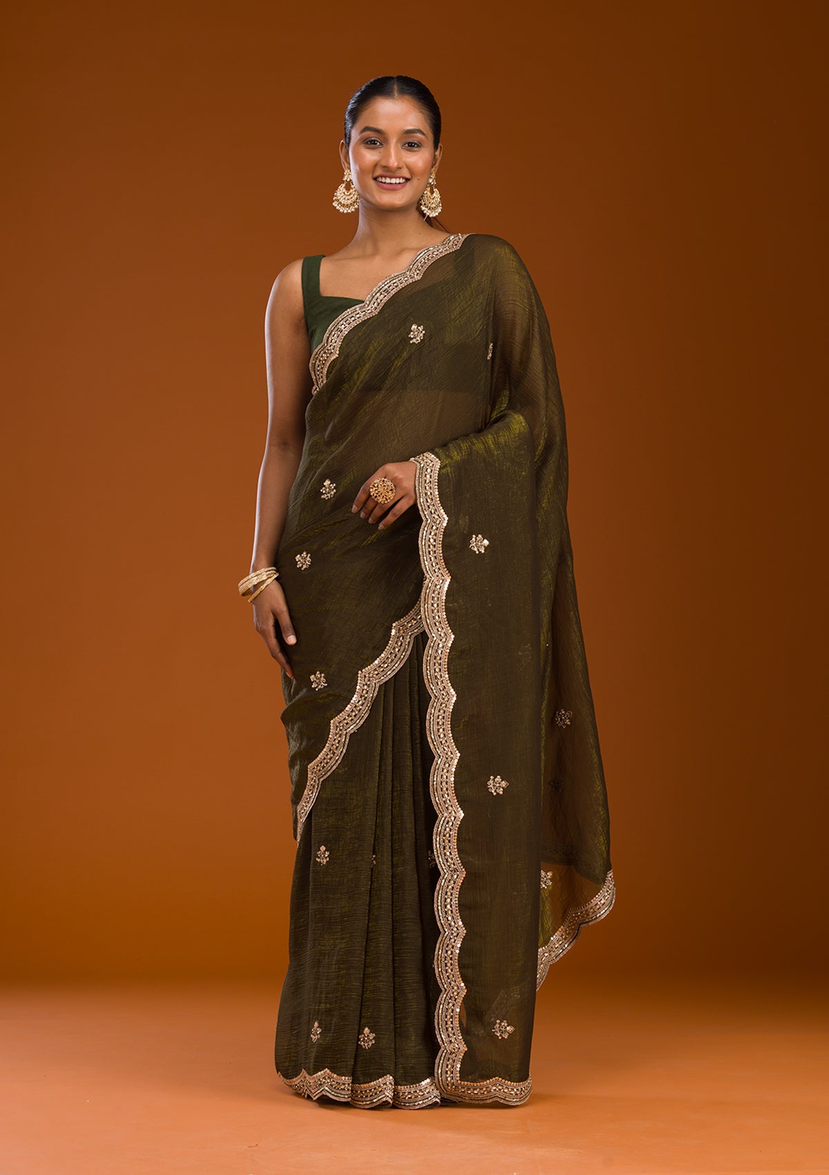 Mehendi Sequins Tissue Saree