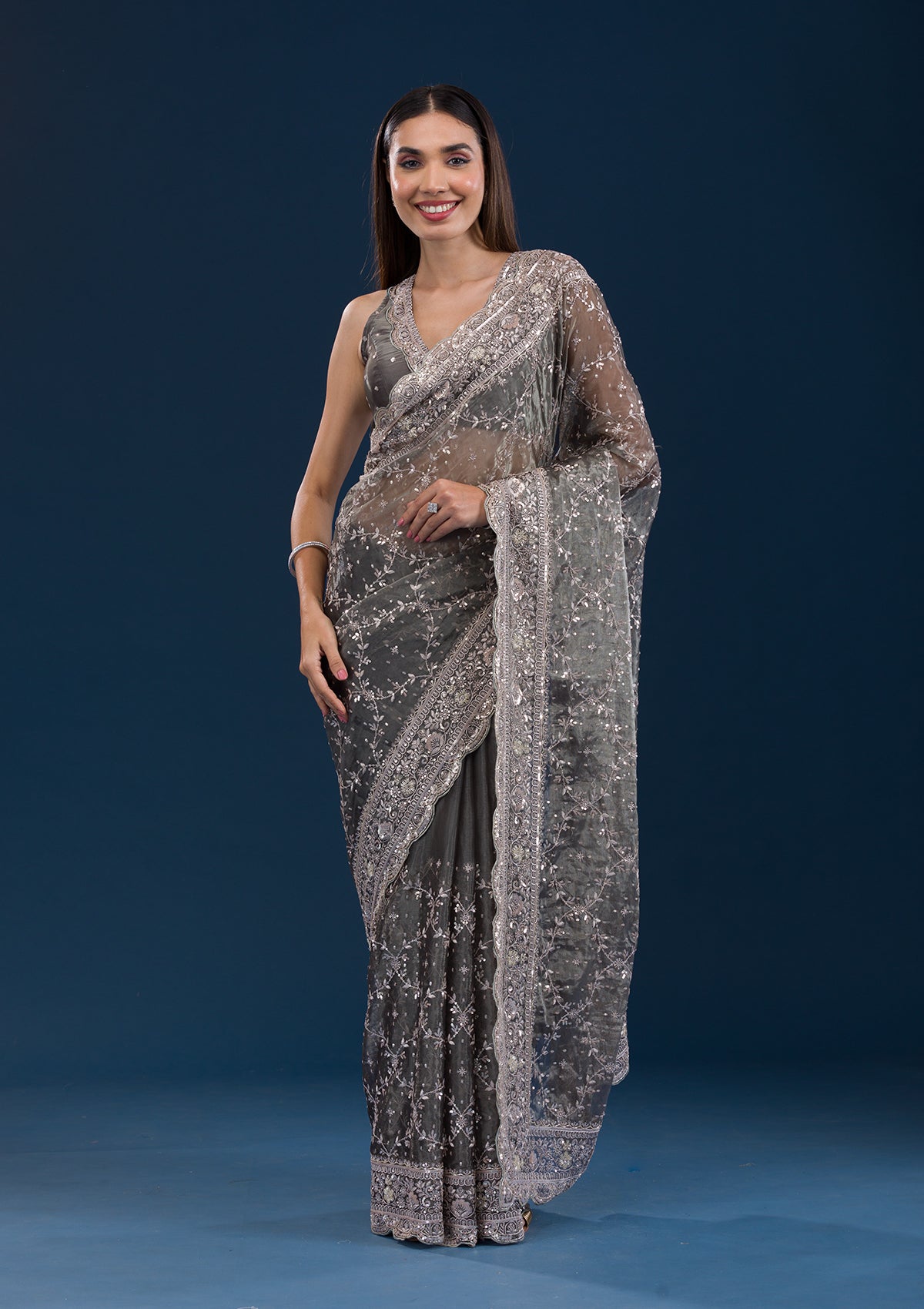 Mehendi Sequins Tissue Saree-Koskii