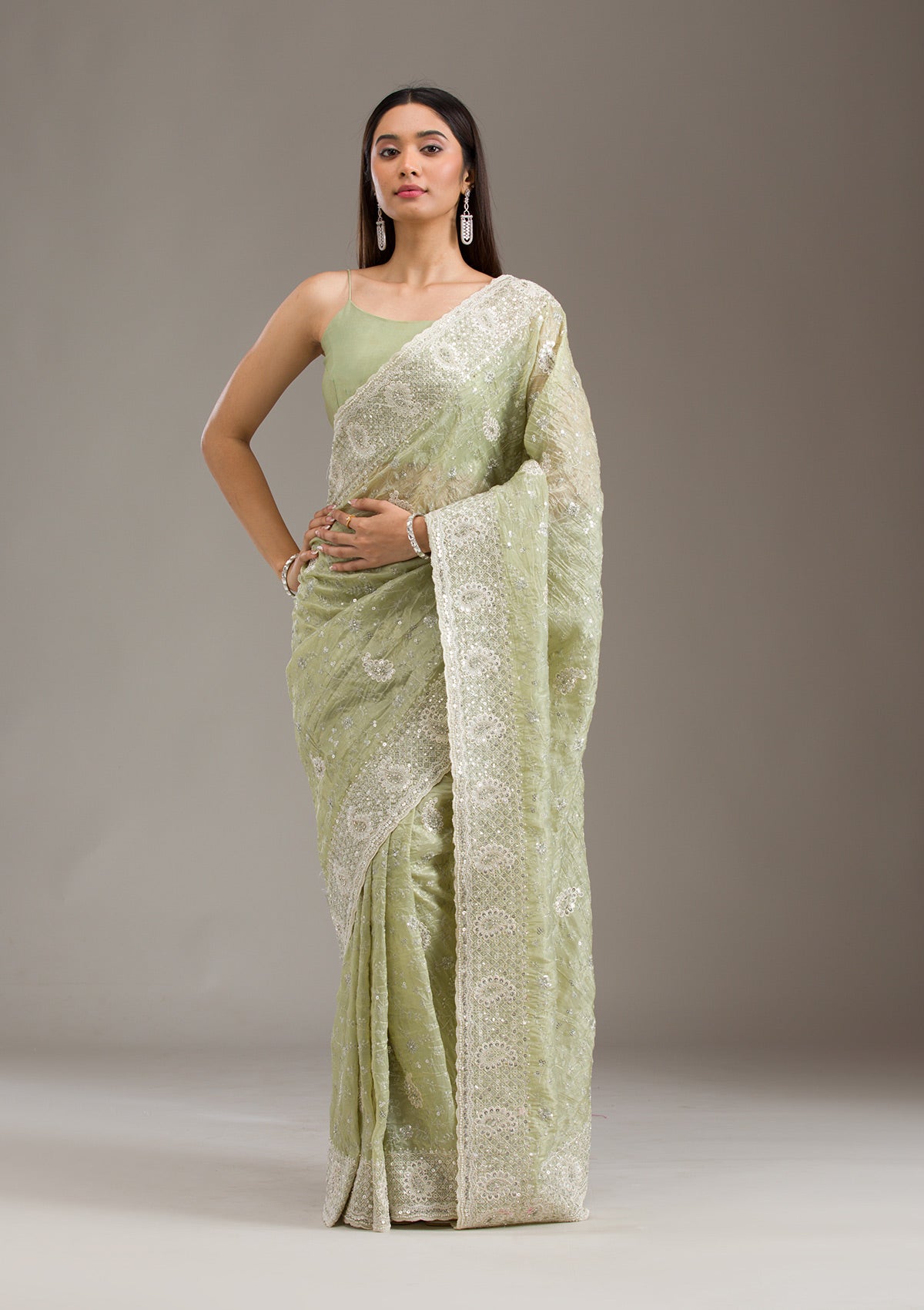 Mehendi Sequins Tissue Saree-Koskii