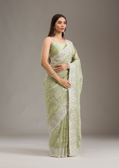 Mehendi Sequins Tissue Saree-Koskii