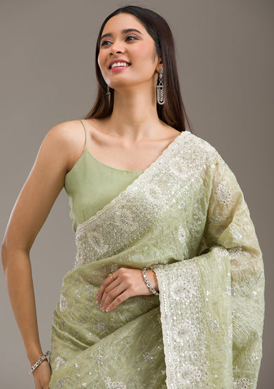 Mehendi Sequins Tissue Saree-Koskii