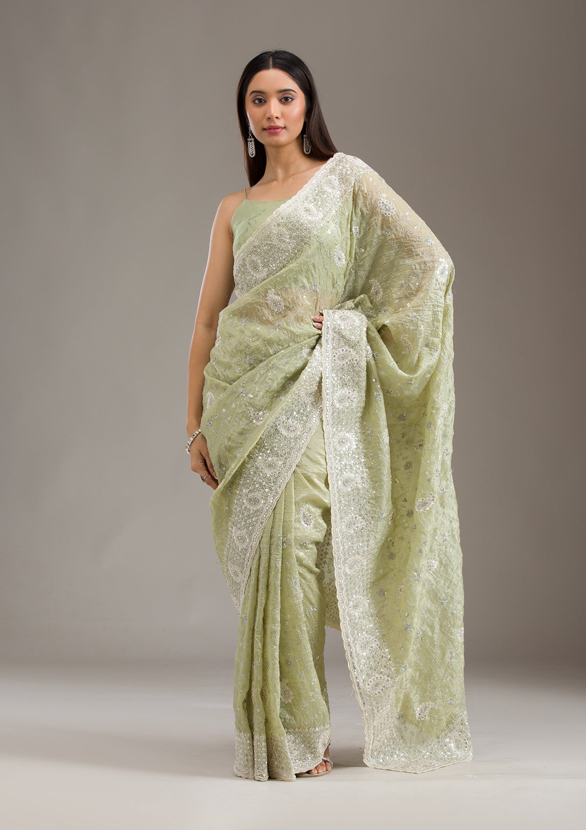 Mehendi Sequins Tissue Saree-Koskii