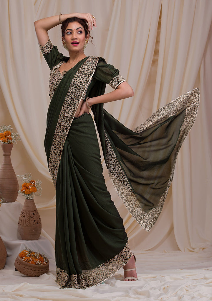 Mehendi Stonework Art Silk Saree-Koskii