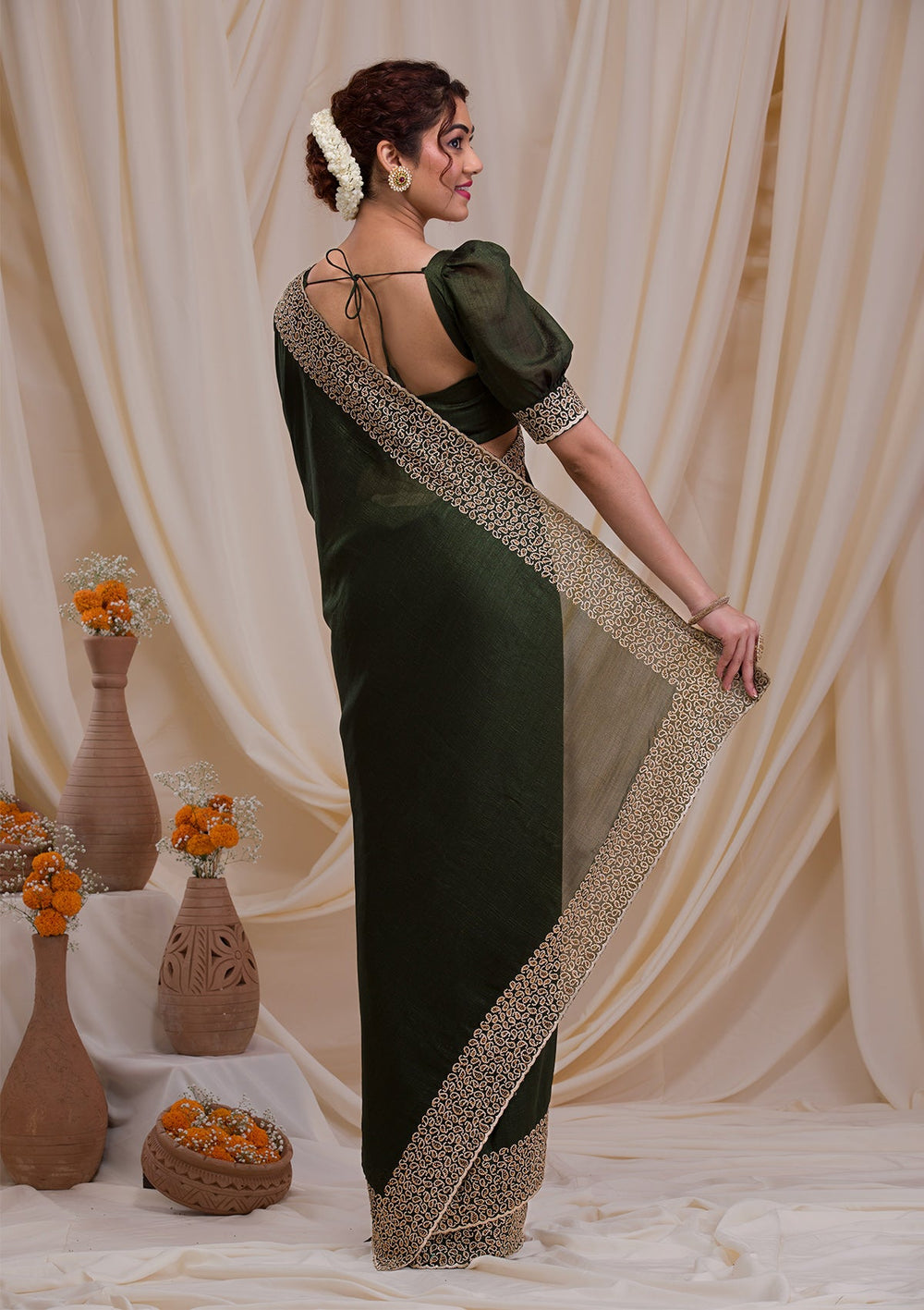 Mehendi Stonework Art Silk Saree-Koskii